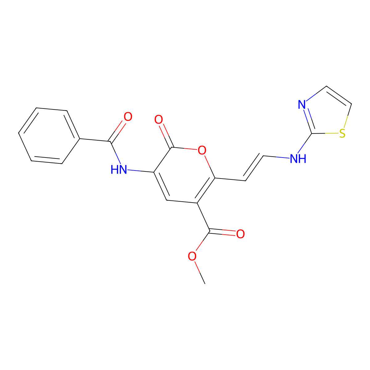 methyl 3-(benzoylamino)-2-oxo-6-[(E)-2-(1,3-thiazol-2-ylamino)ethenyl]-2H-pyran-5-carboxylate molecular structure, CAS 341966-32-3
