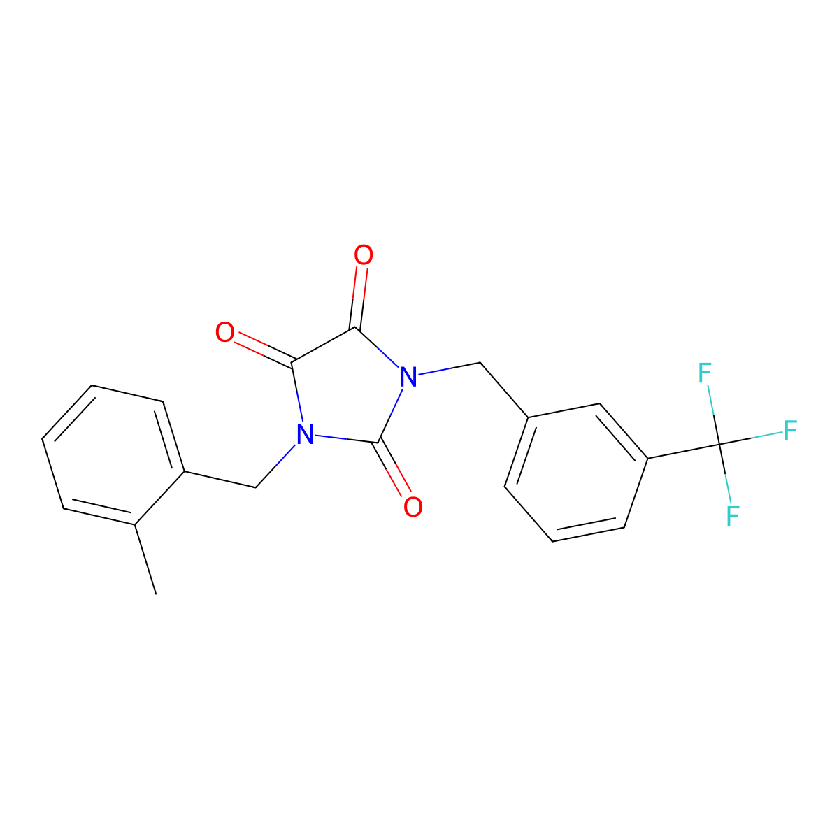 1-[(2-Methylphenyl)methyl]-3-{[3-(trifluoromethyl)phenyl]methyl}imidazolidine-2,4,5-trione molecular structure, CAS 341966-49-2