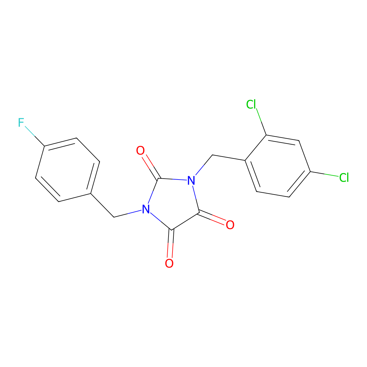 1-[(2,4-Dichlorophenyl)methyl]-3-[(4-fluorophenyl)methyl]imidazolidine-2,4,5-trione molecular structure, CAS 341966-52-7