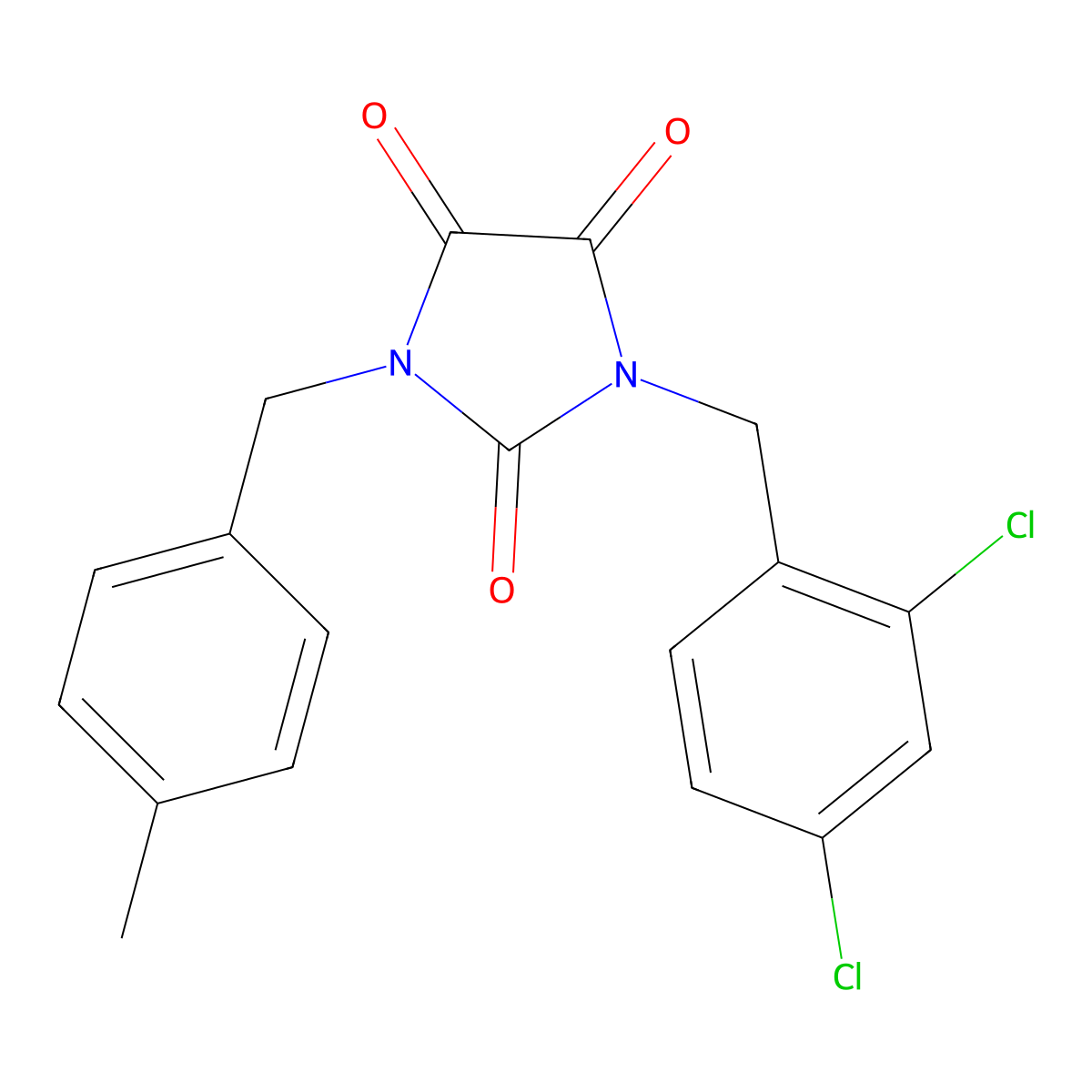 1-[(2,4-Dichlorophenyl)methyl]-3-[(4-methylphenyl)methyl]imidazolidine-2,4,5-trione molecular structure, CAS 341966-53-8