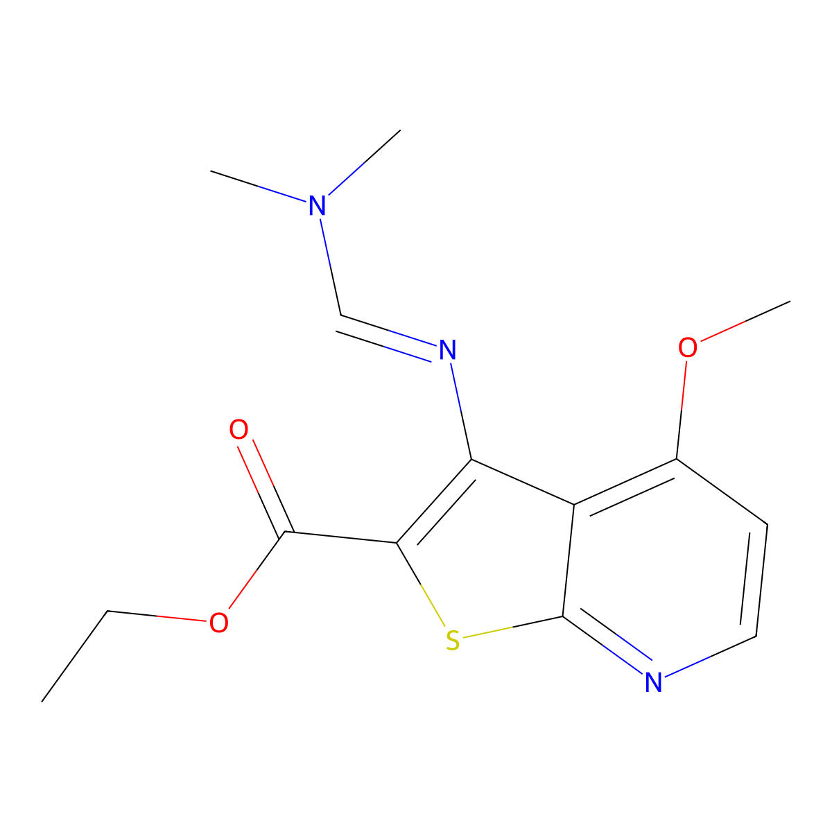 3-(Dimethylaminomethylideneamino)-4-methoxy-2-thieno[2,3-b]pyridinecarboxylic acid ethyl ester molecular structure, CAS 341966-55-0