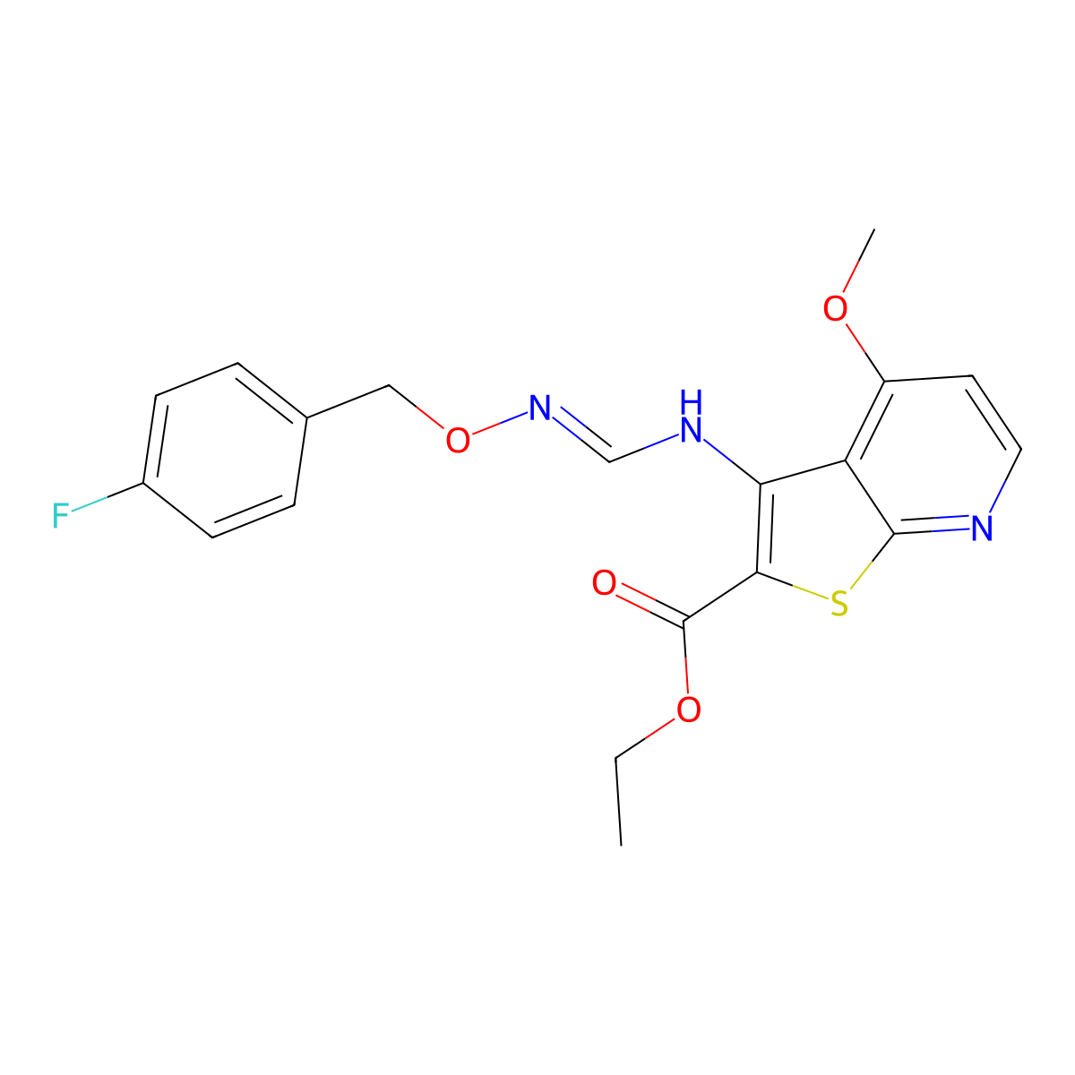 Ethyl 3-[({[(4-fluorobenzyl)oxy]imino}methyl)amino]-4-methoxythieno[2,3-b]pyridine-2-carboxylate molecular structure, CAS 341966-70-9
