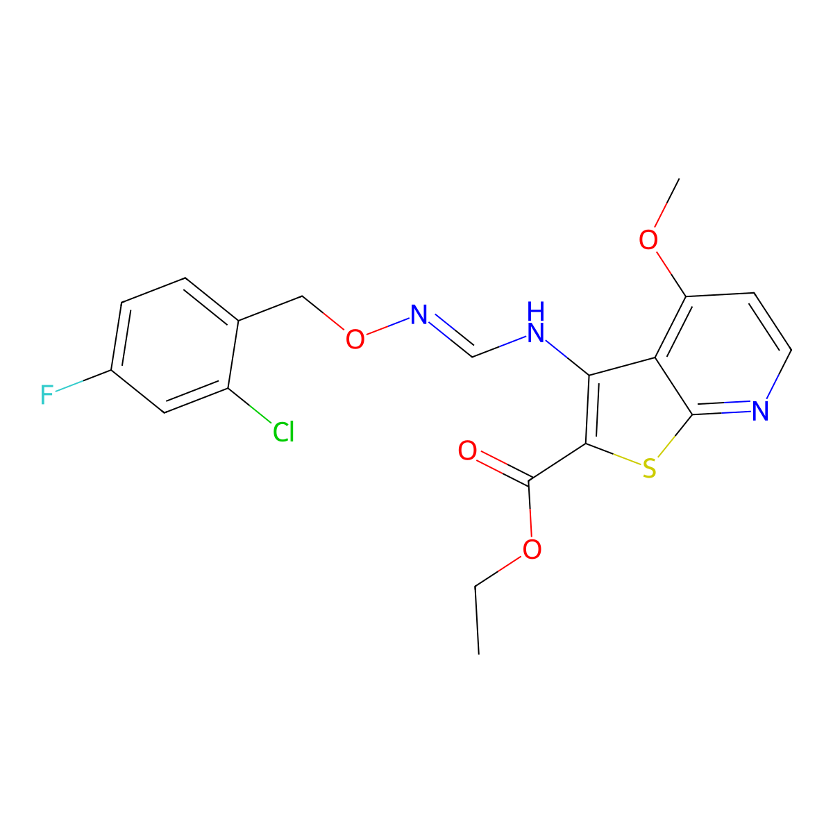 Ethyl 3-[({[(2-chloro-4-fluorobenzyl)oxy]imino}methyl)amino]-4-methoxythieno[2,3-b]pyridine-2-carboxylate molecular structure, CAS 341966-71-0