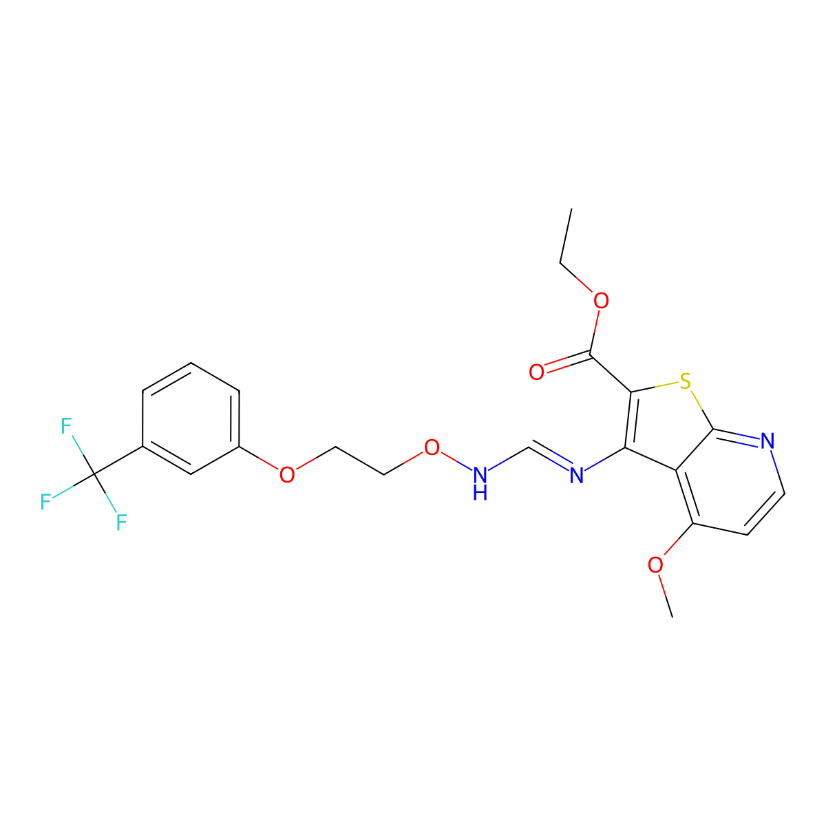 Ethyl 4-methoxy-3-{[({2-[3-(trifluoromethyl)phenoxy]ethoxy}imino)methyl]amino}thieno[2,3-b]pyridine-2-carboxylate molecular structure, CAS 341966-72-1