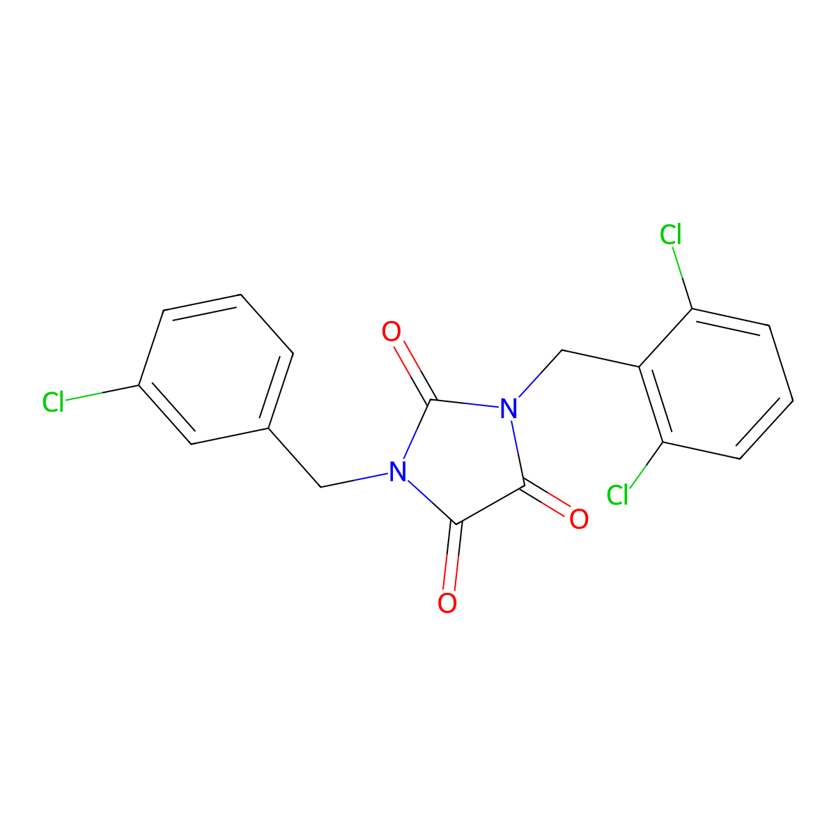 1-[(3-Chlorophenyl)methyl]-3-[(2,6-dichlorophenyl)methyl]imidazolidine-2,4,5-trione molecular structure, CAS 341967-22-4