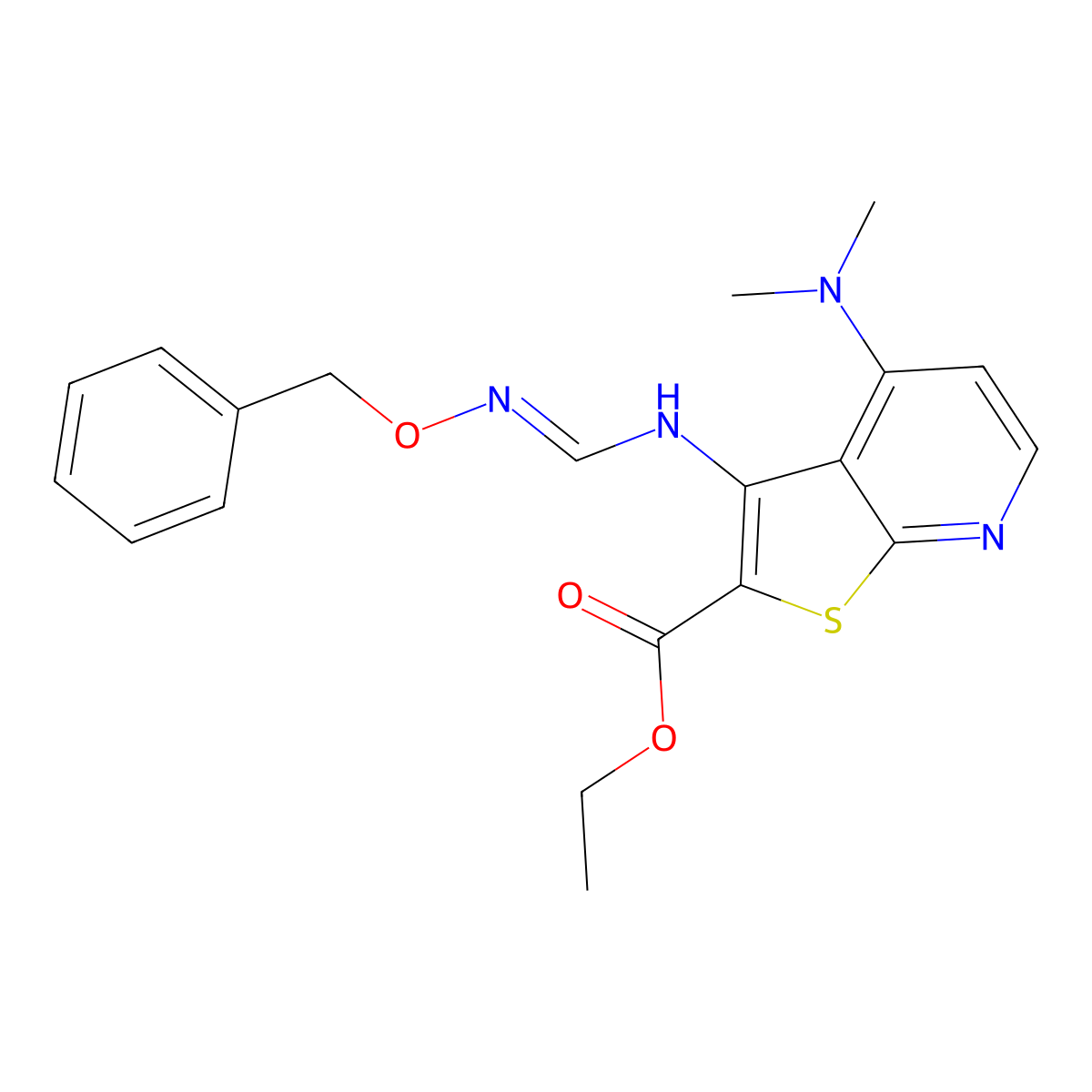 Ethyl 3-({[(benzyloxy)imino]methyl}amino)-4-(dimethylamino)thieno[2,3-b]pyridine-2-carboxylate molecular structure, CAS 341967-23-5