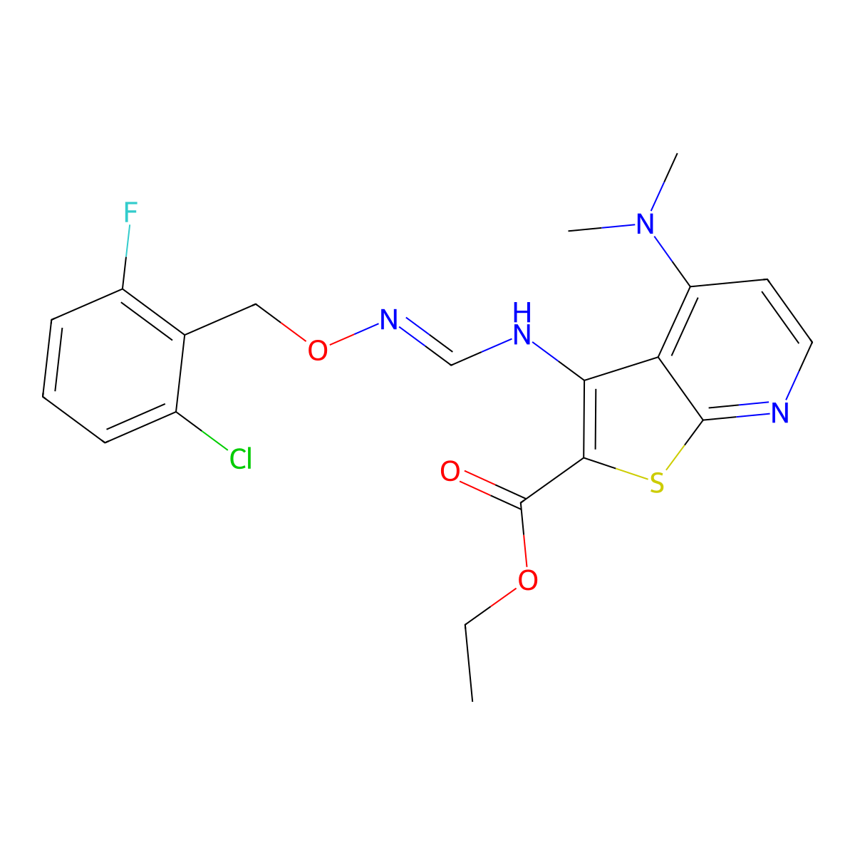 Ethyl 3-[({[(2-chloro-6-fluorobenzyl)oxy]imino}methyl)amino]-4-(dimethylamino)thieno[2,3-b]pyridine-2-carboxylate molecular structure, CAS 341967-25-7