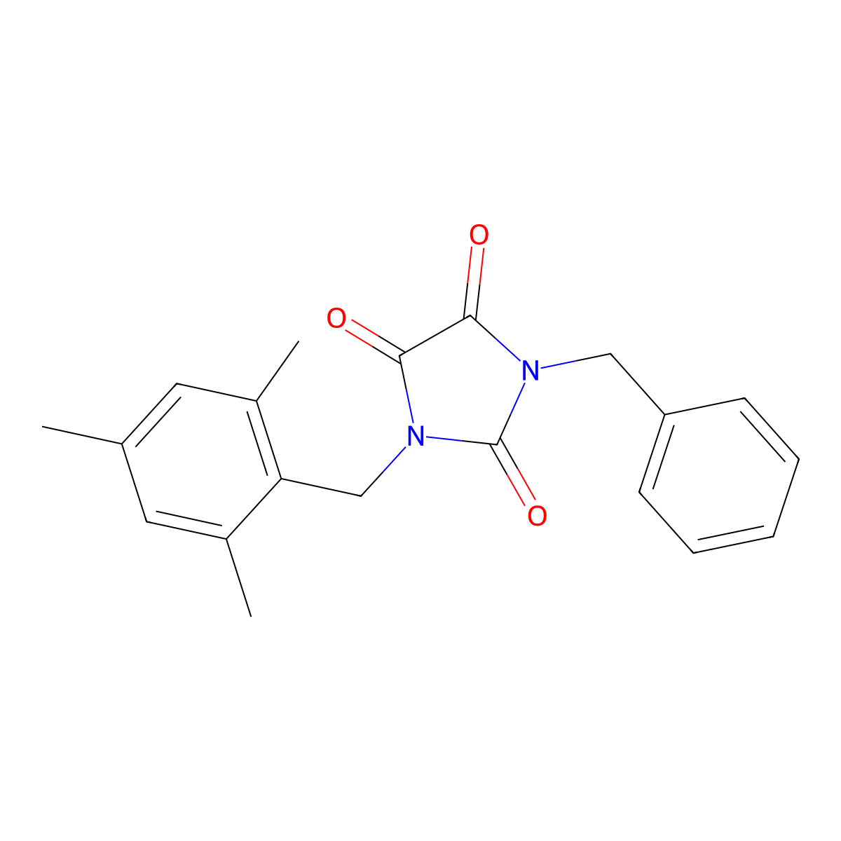 1-Benzyl-3-[(2,4,6-trimethylphenyl)methyl]imidazolidine-2,4,5-trione molecular structure, CAS 341967-28-0
