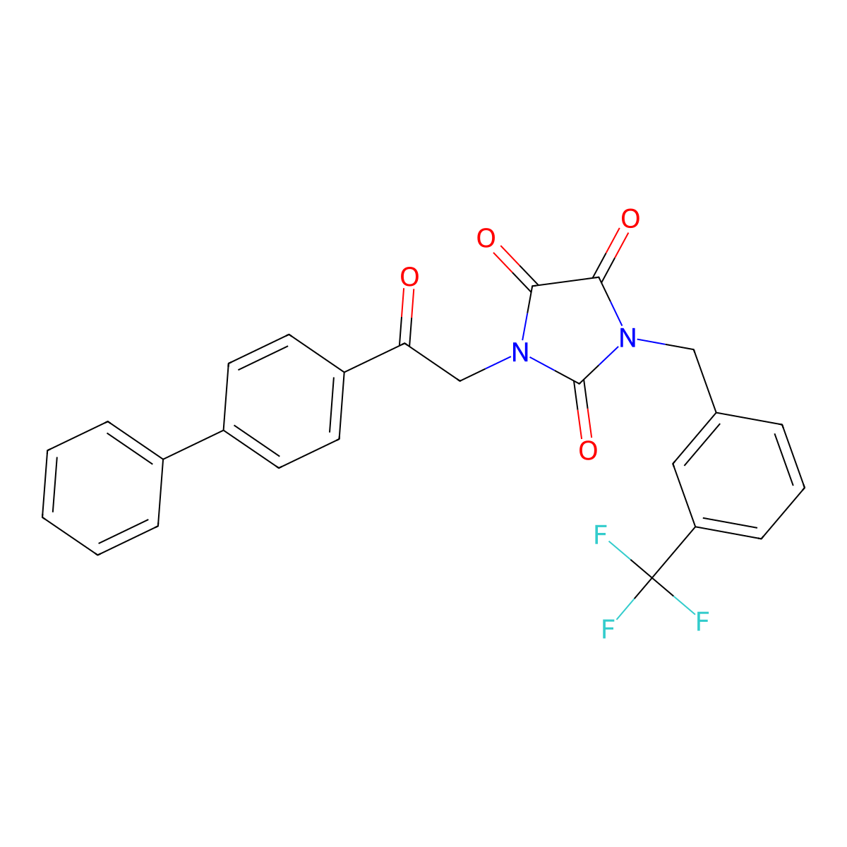 1-[2-Oxo-2-(4-phenylphenyl)ethyl]-3-[[3-(trifluoromethyl)phenyl]methyl]imidazolidine-2,4,5-trione molecular structure, CAS 341967-30-4