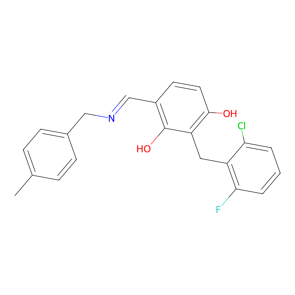 2-(2-Chloro-6-fluorobenzyl)-4-{[(4-methylbenzyl)imino]methyl}-1,3-benzenediol molecular structure, CAS 341967-46-2