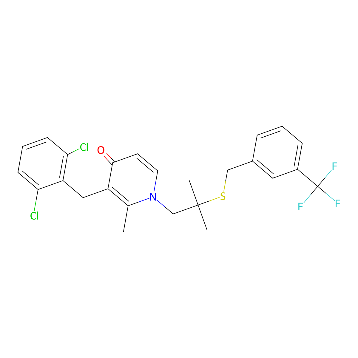 3-[(2,6-Dichlorophenyl)methyl]-2-methyl-1-[2-methyl-2-[[3-(trifluoromethyl)phenyl]methylsulfanyl]propyl]pyridin-4-one molecular structure, CAS 341967-47-3