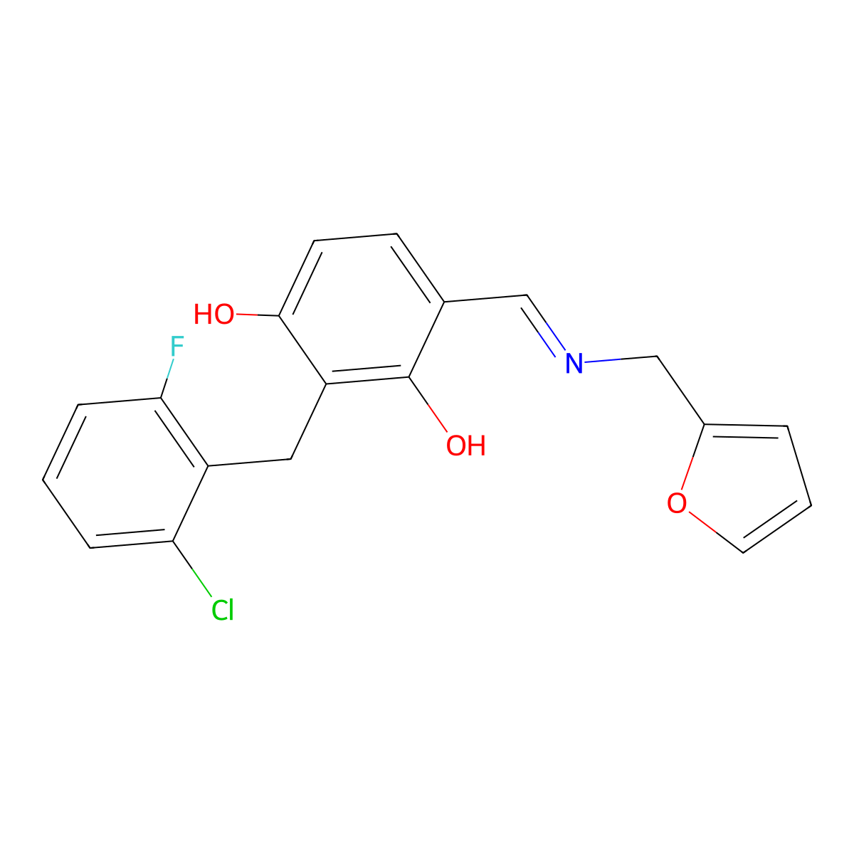2-(2-Chloro-6-fluorobenzyl)-4-{[(2-furylmethyl)imino]methyl}-1,3-benzenediol molecular structure, CAS 341967-53-1
