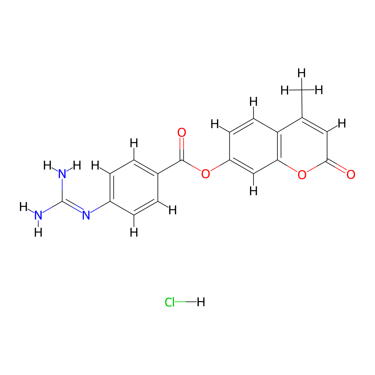 4-Methyl-2-oxo-2H-1-benzopyran-7-yl 4-guanidinobenzoate monohydrochloride molecular structure, CAS 34197-46-1