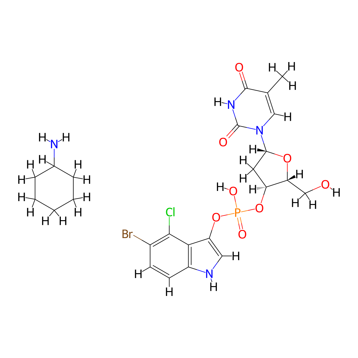 Cyclohexanamine 5-bromo-4-chloro-1H-indol-3-yl ((2R,3S,5R)-2-(hydroxymethyl)-5-(5-methyl-2,4-dioxo-3,4-dihydropyrimidin-1(2H)-yl)tetrahydrofuran-3-yl) phosphate molecular structure, CAS 341973-00-0