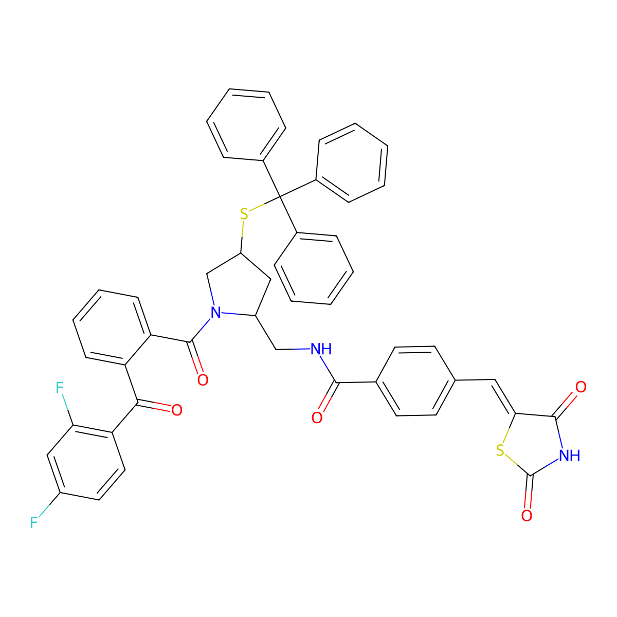 N-[1-[2-(2,4-difluorobenzoyl)benzoyl]-4(r)-(triphenylmethylsulfanyl)pyrrolidin-2(s)-ylmethyl]-4-(2,4-dioxothiazolidin-5-ylidenemethyl)benzamide molecular structure, CAS 341973-06-6