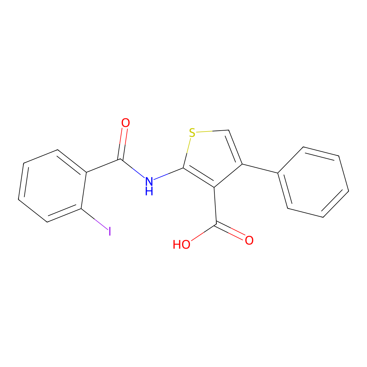 2-(2-Iodobenzamido)-4-phenylthiophene-3-carboxylic acid molecular structure, CAS 342378-81-8