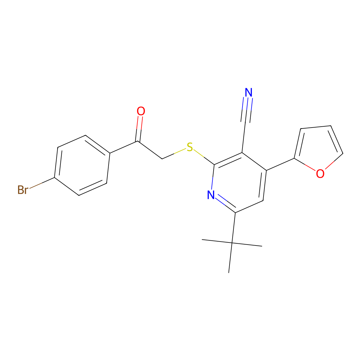 2-[2-(4-Bromophenyl)-2-oxoethyl]sulfanyl-6-tert-butyl-4-(furan-2-yl)pyridine-3-carbonitrile molecular structure, CAS 342379-42-4
