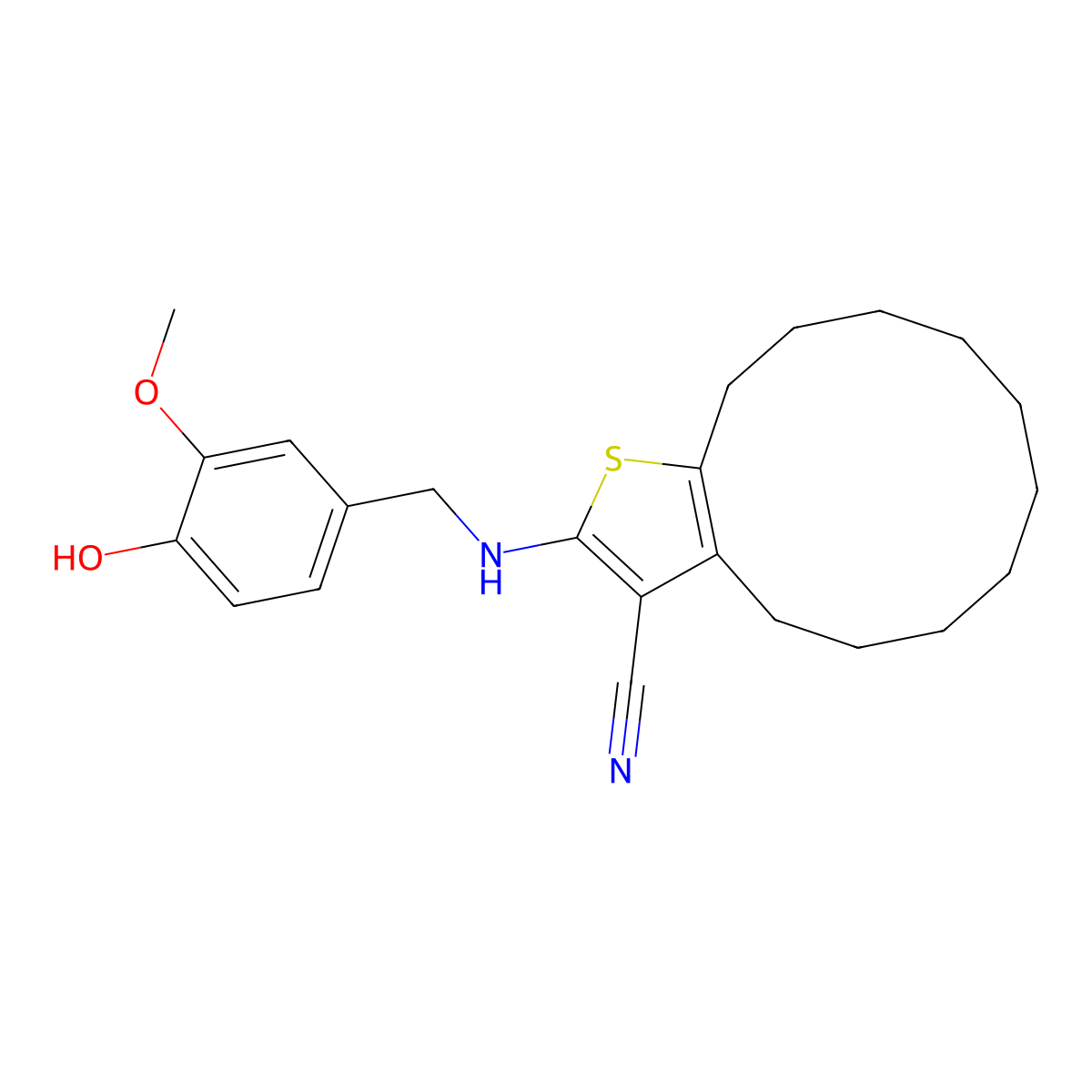 2-[(4-Hydroxy-3-methoxyphenyl)methylamino]-4,5,6,7,8,9,10,11,12,13-decahydrocyclododeca[b]thiophene-3-carbonitrile molecular structure, CAS 342381-97-9