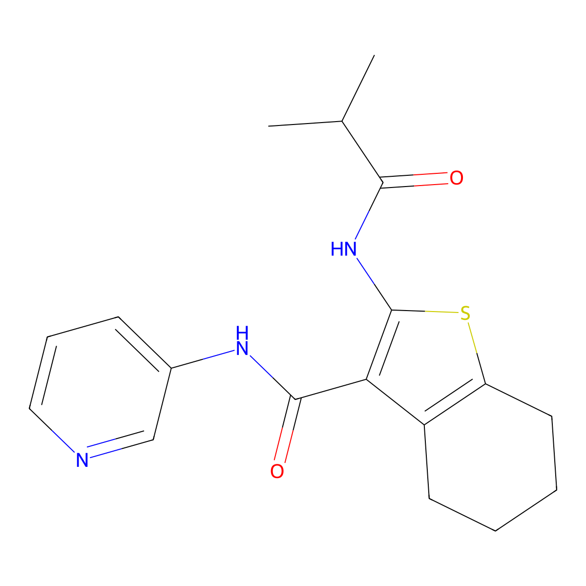 2-(2-methylpropanoylamino)-N-pyridin-3-yl-4,5,6,7-tetrahydro-1-benzothiophene-3-carboxamide molecular structure, CAS 342382-30-3