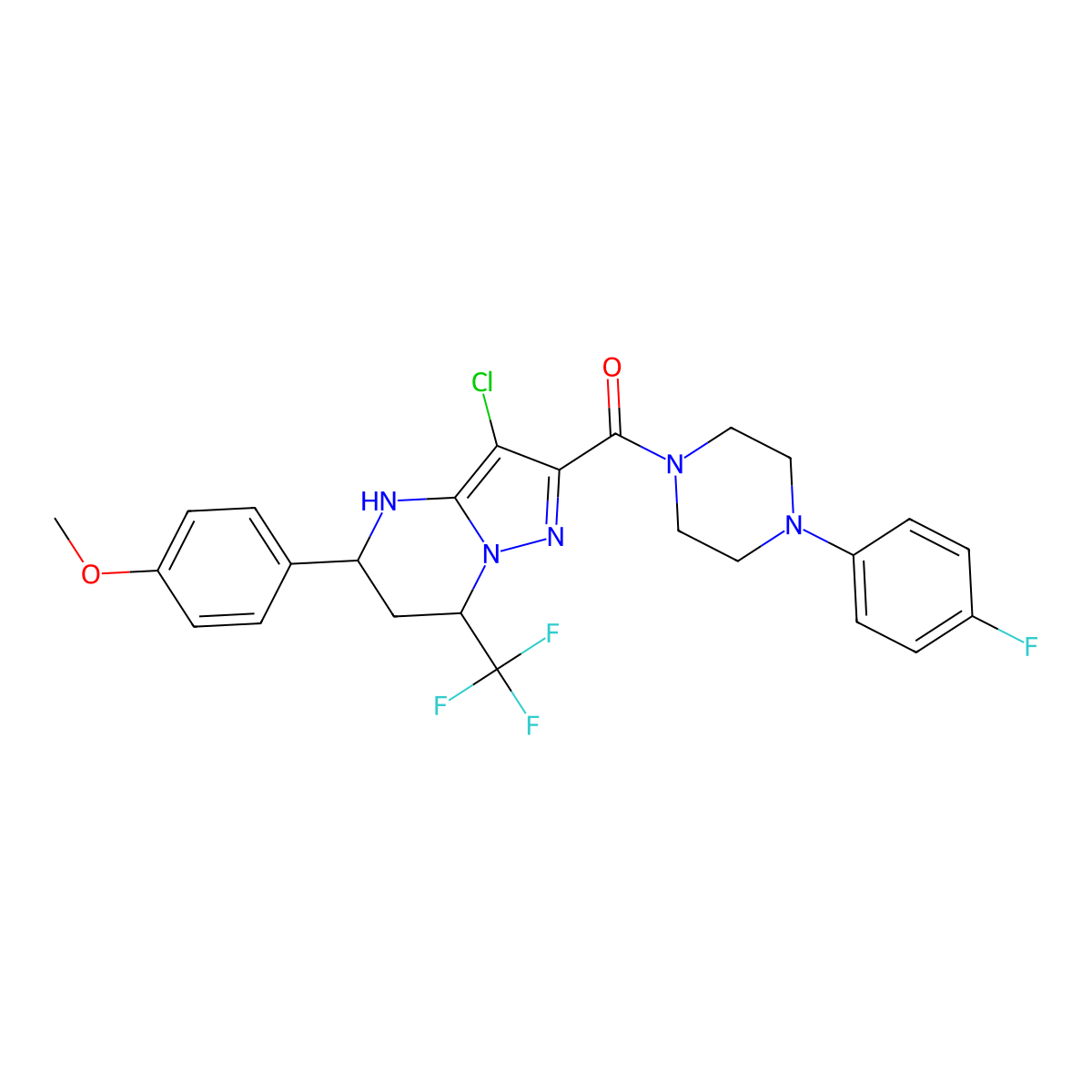 (3-Chloro-5-(4-methoxyphenyl)-7-(trifluoromethyl)-4,5,6,7-tetrahydropyrazolo[1,5-a]pyrimidin-2-yl)(4-(4-fluorophenyl)piperazin-1-yl)methanone molecular structure, CAS 342383-76-0