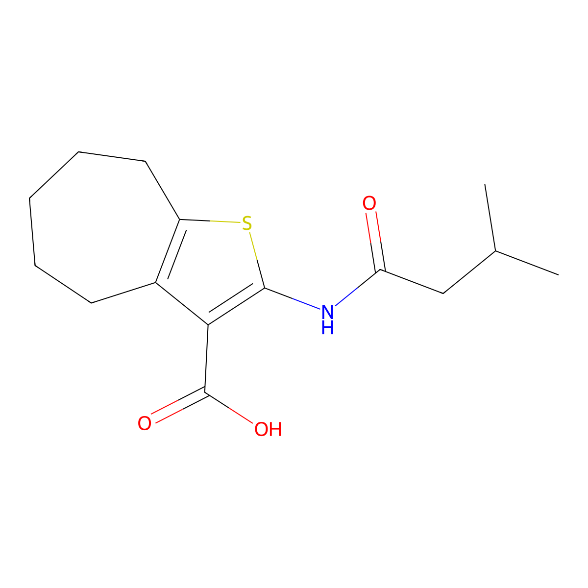 2-(3-methylbutanoylamino)-5,6,7,8-tetrahydro-4H-cyclohepta[b]thiophene-3-carboxylic acid molecular structure, CAS 342383-88-4