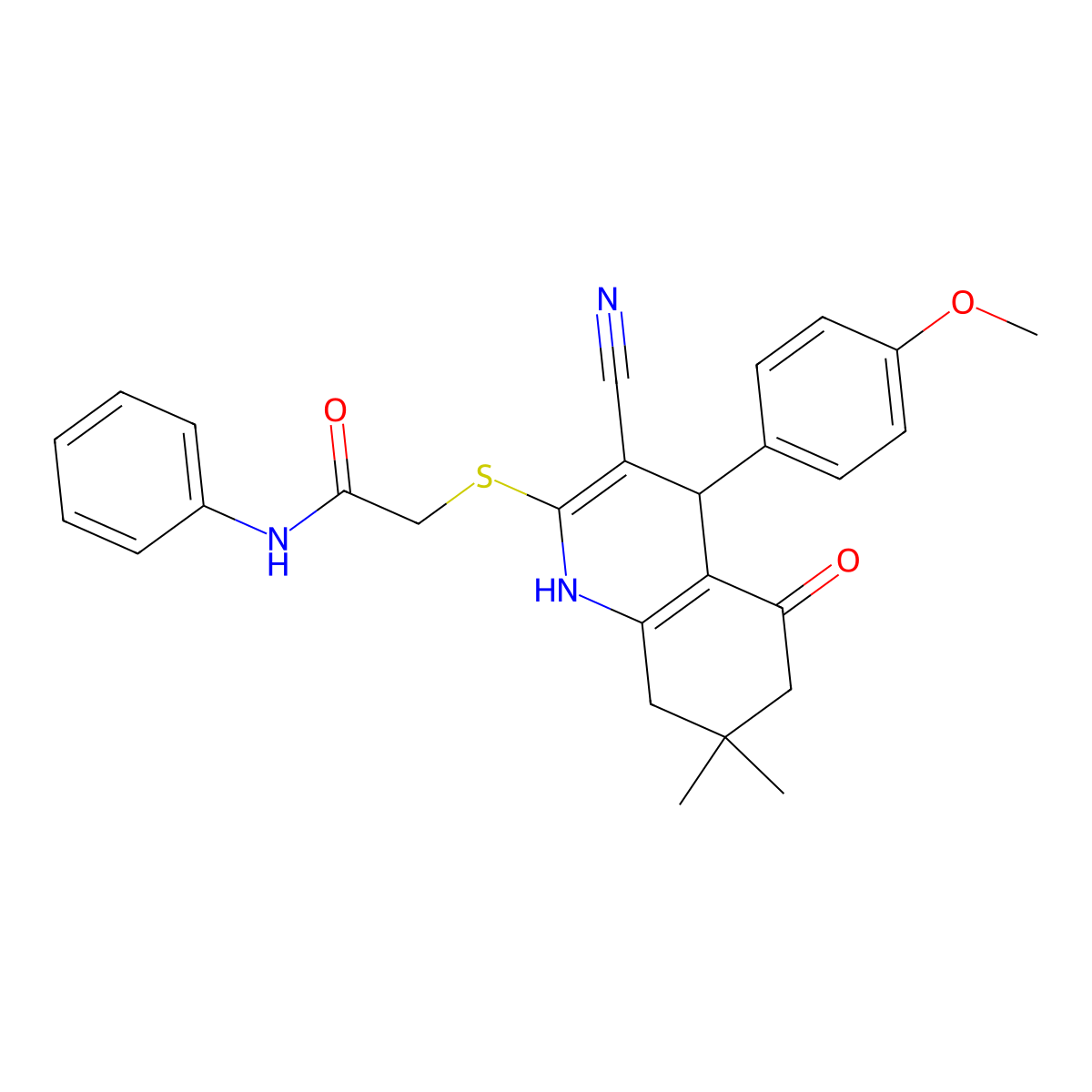 2-((3-cyano-4-(4-methoxyphenyl)-7,7-dimethyl-5-oxo-1,4,5,6,7,8-hexahydroquinolin-2-yl)thio)-N-phenylacetamide molecular structure, CAS 342384-47-8