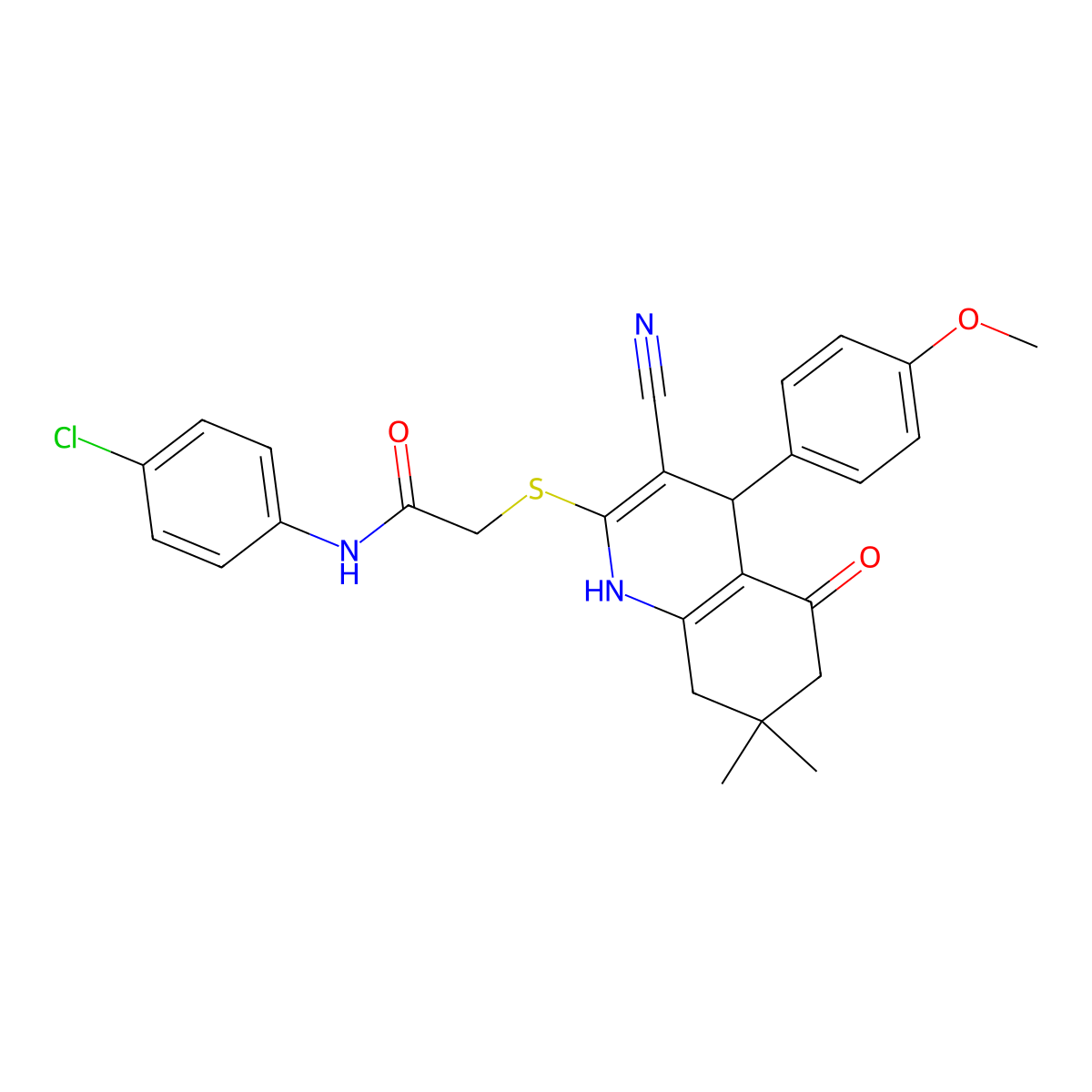 N-(4-chlorophenyl)-2-{[3-cyano-4-(4-methoxyphenyl)-7,7-dimethyl-5-oxo-1,4,5,6,7,8-hexahydroquinolin-2-yl]sulfanyl}acetamide molecular structure, CAS 342384-48-9