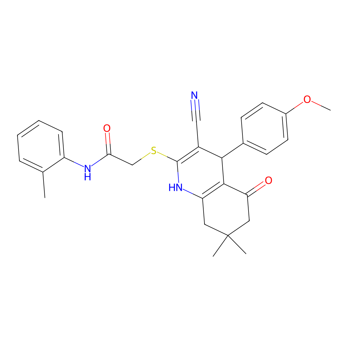 2-{[3-cyano-4-(4-methoxyphenyl)-7,7-dimethyl-5-oxo-1,4,5,6,7,8-hexahydroquinolin-2-yl]sulfanyl}-N-(2-methylphenyl)acetamide molecular structure, CAS 342384-49-0