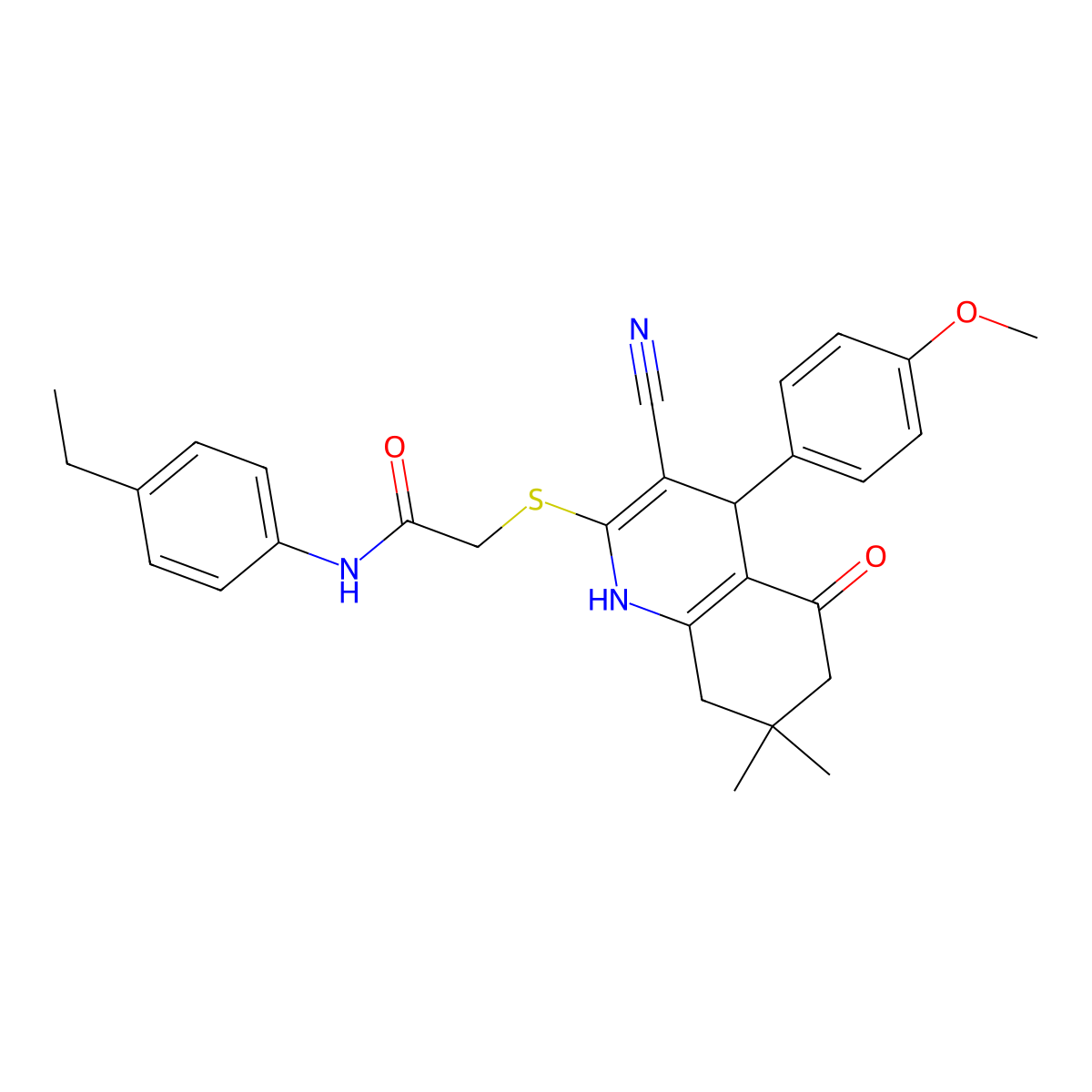 2-[[3-cyano-4-(4-methoxyphenyl)-7,7-dimethyl-5-oxo-1,4,6,8-tetrahydroquinolin-2-yl]sulfanyl]-N-(4-ethylphenyl)acetamide molecular structure, CAS 342384-50-3