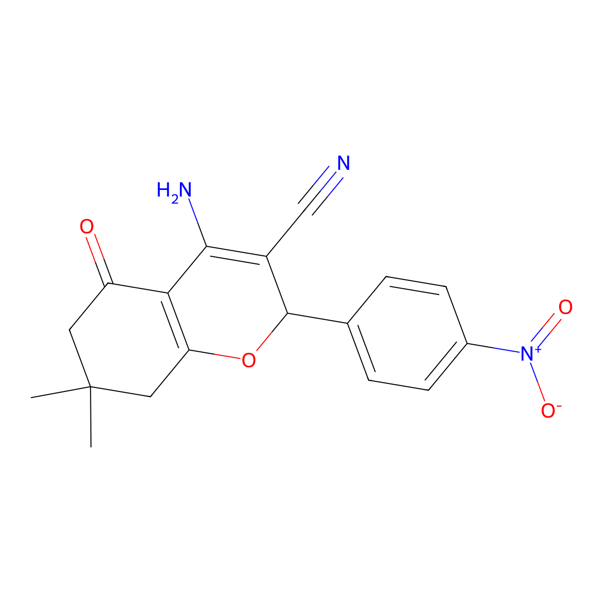 4-amino-7,7-dimethyl-2-(4-nitrophenyl)-5-oxo-5,6,7,8-tetrahydro-2H-chromene-3-carbonitrile molecular structure, CAS 342384-72-9