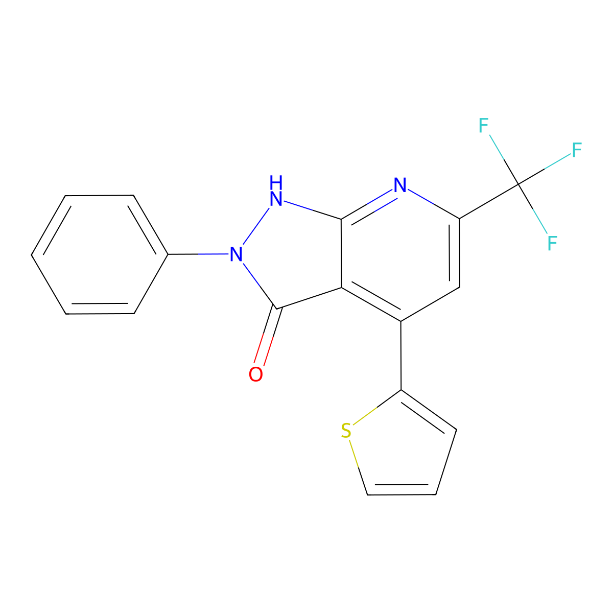 2-phenyl-4-(thiophen-2-yl)-6-(trifluoromethyl)-1,2-dihydro-3H-pyrazolo[3,4-b]pyridin-3-one molecular structure, CAS 342384-76-3
