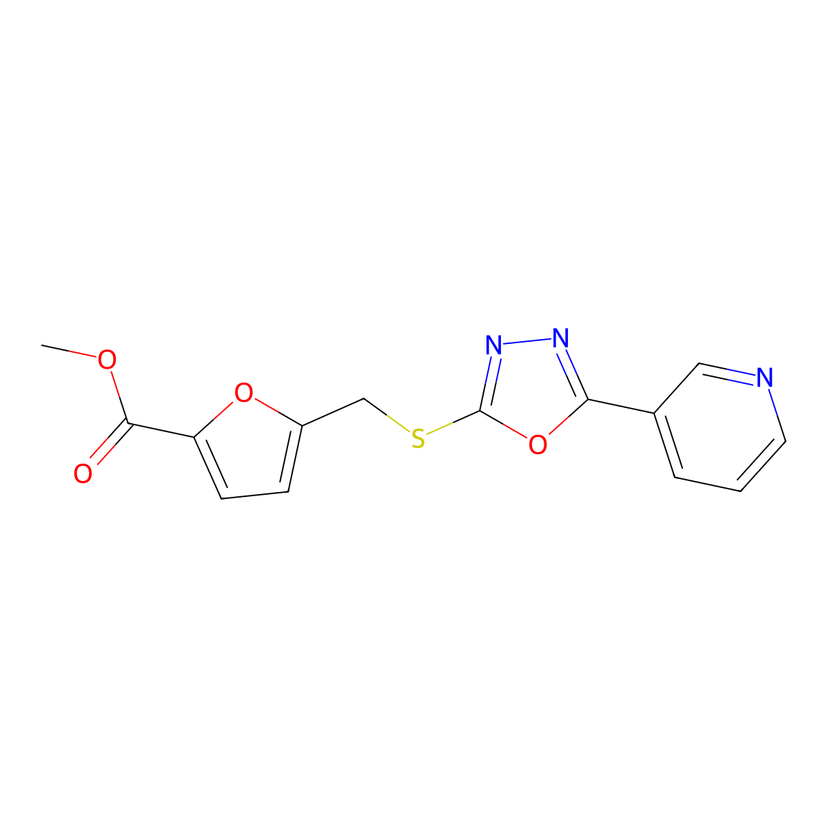 Methyl 5-(((5-(pyridin-3-yl)-1,3,4-oxadiazol-2-yl)thio)methyl)furan-2-carboxylate molecular structure, CAS 342384-85-4