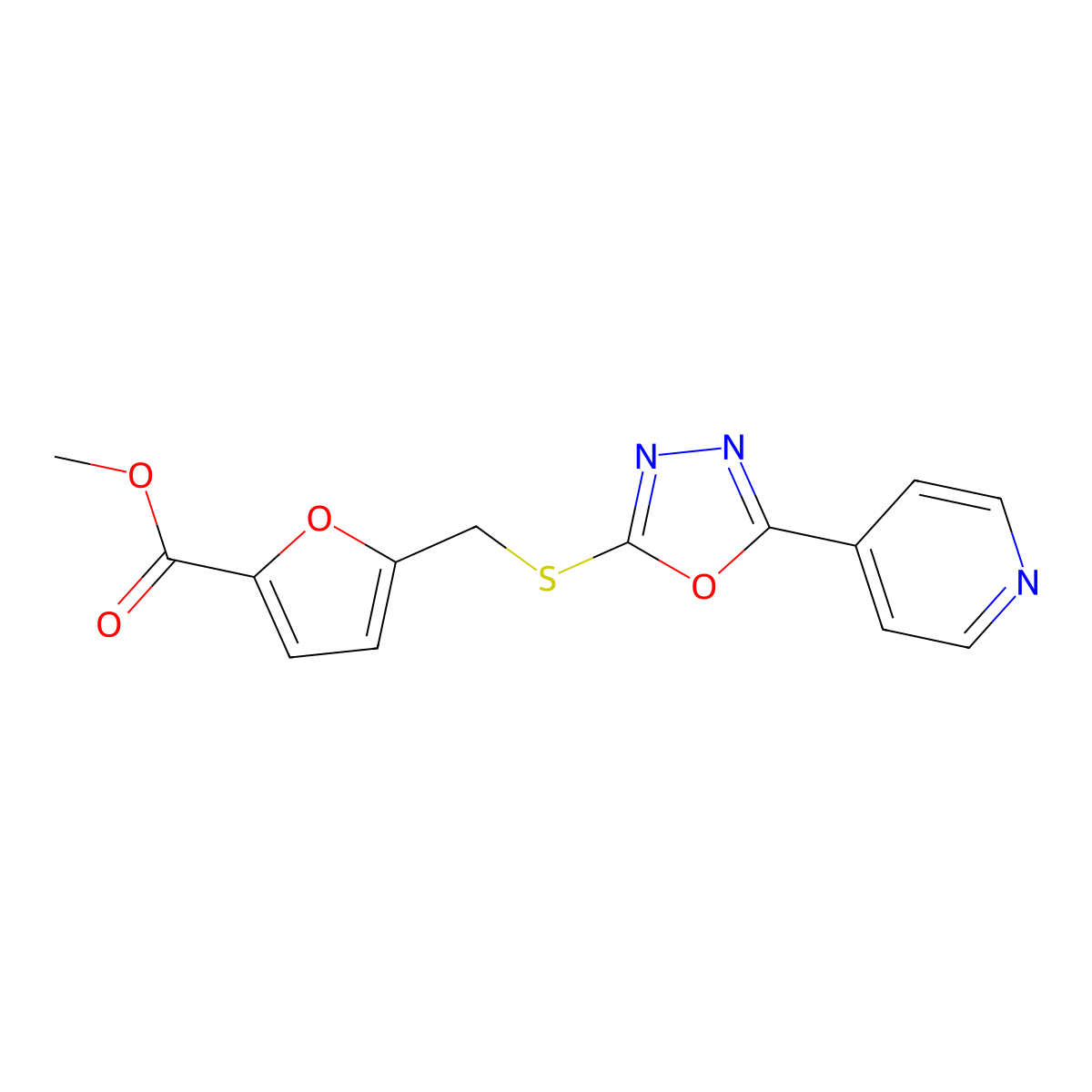 Methyl 5-({[5-(4-pyridinyl)-1,3,4-oxadiazol-2-yl]thio}methyl)-2-furoate molecular structure, CAS 342384-88-7
