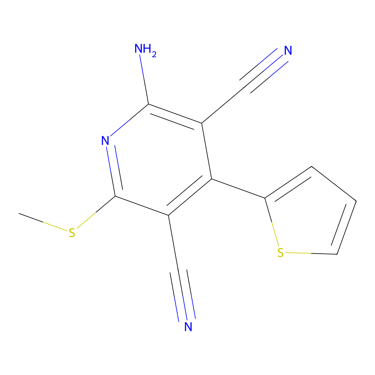 2-Amino-6-methylsulfanyl-4-thiophen-2-ylpyridine-3,5-dicarbonitrile molecular structure, CAS 342388-11-8