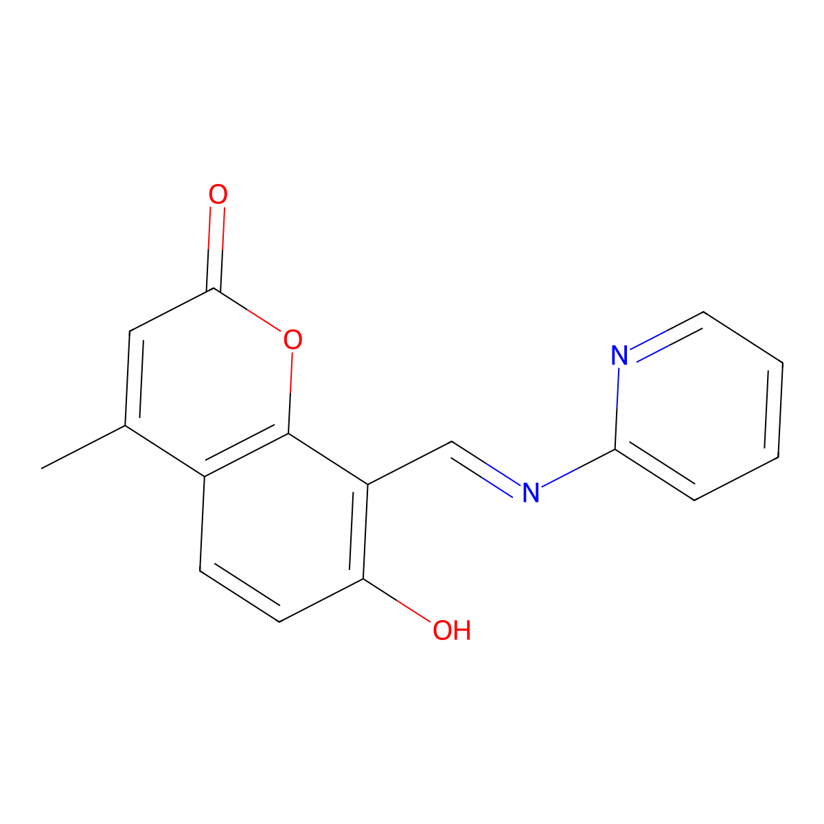 7-Hydroxy-4-methyl-8-((pyridine-2-ylimino)methyl)-2H-chromenone molecular structure, CAS 342388-50-5