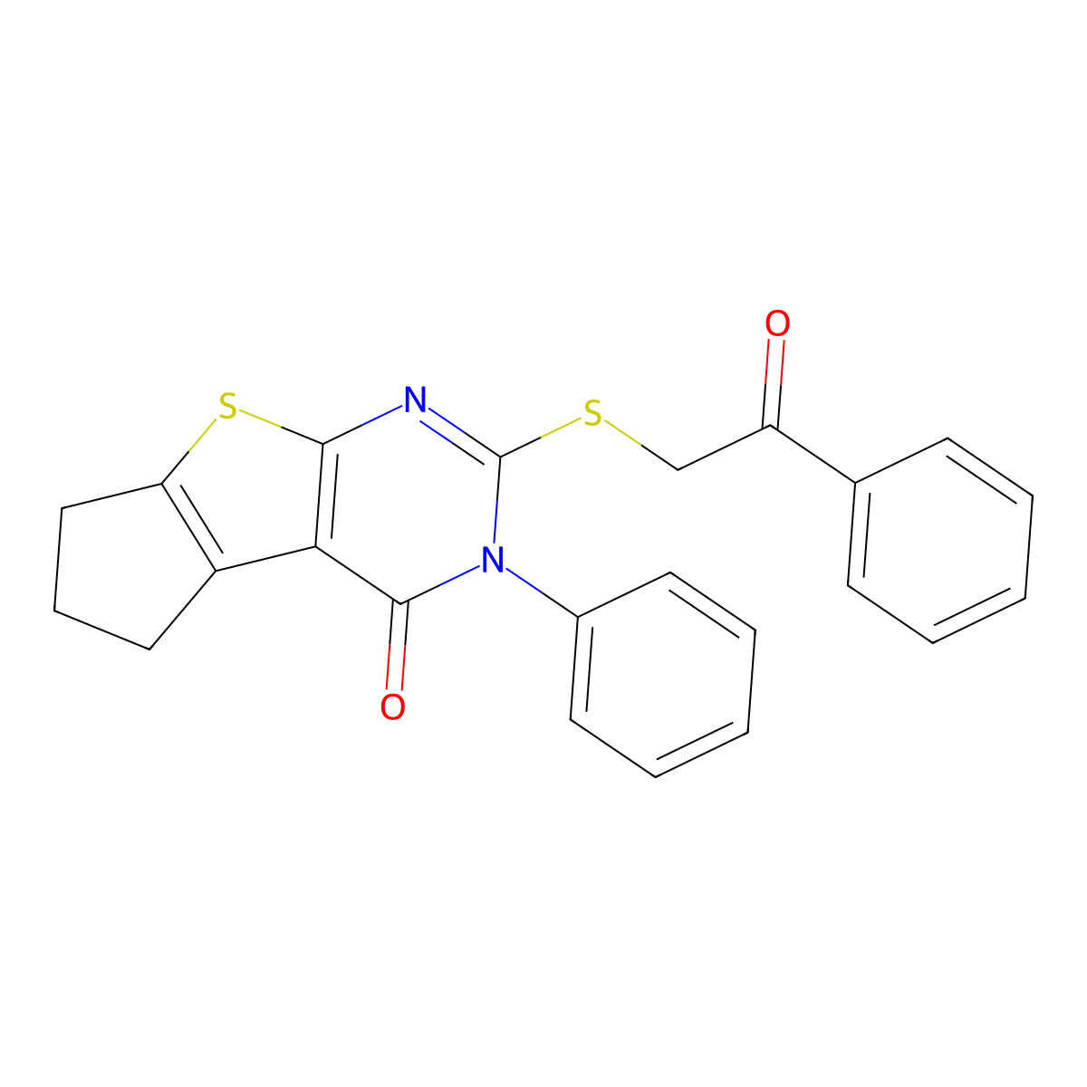 2-[(2-oxo-2-phenylethyl)sulfanyl]-3-phenyl-3,5,6,7-tetrahydro-4H-cyclopenta[4,5]thieno[2,3-d]pyrimidin-4-one molecular structure, CAS 342391-94-0