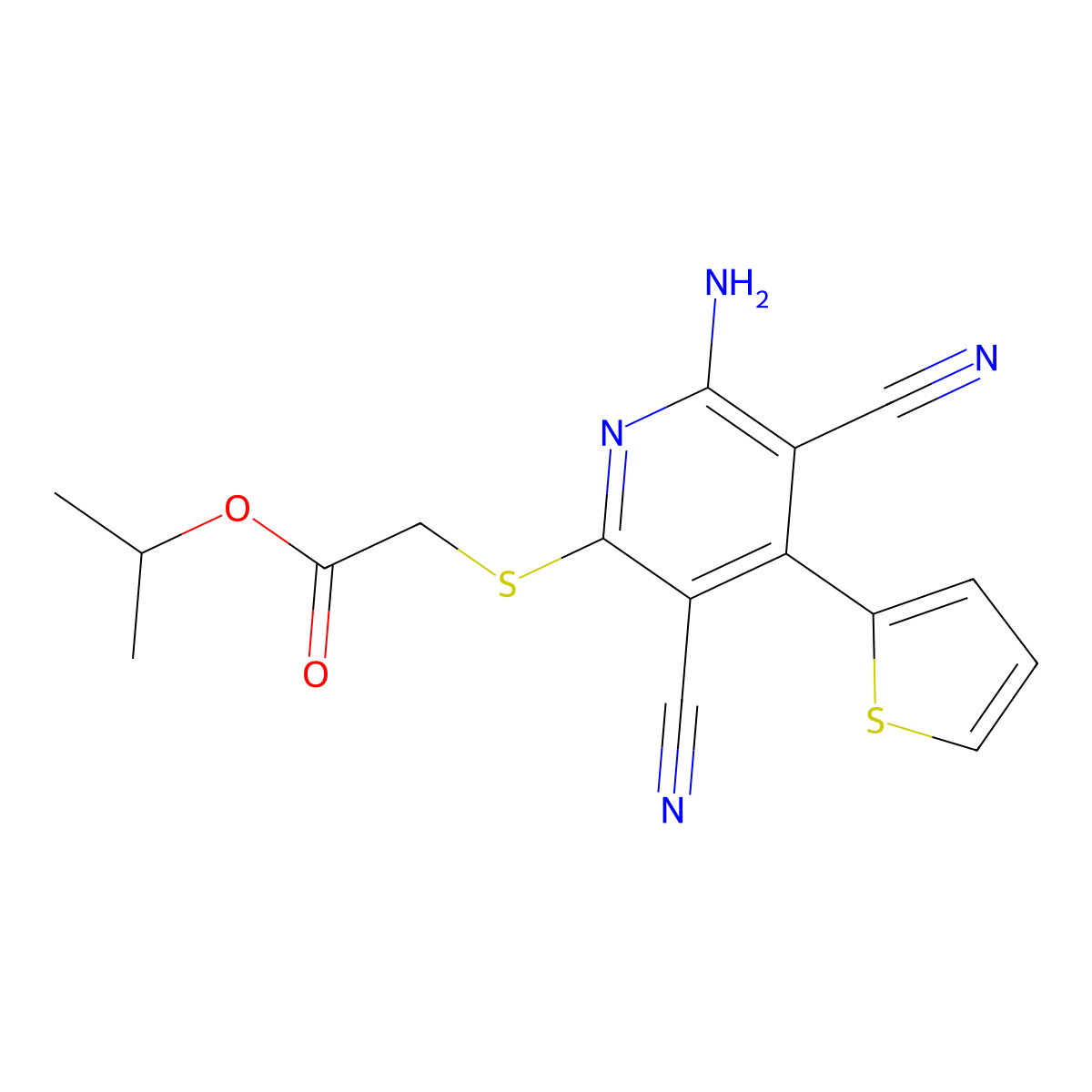 Propan-2-yl 2-(6-amino-3,5-dicyano-4-thiophen-2-ylpyridin-2-yl)sulfanylacetate molecular structure, CAS 342392-12-5