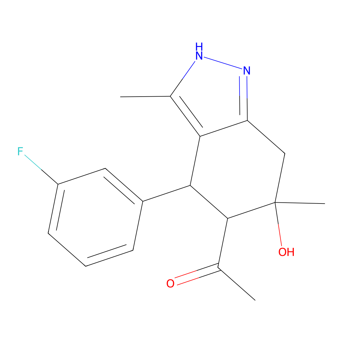 1-[4-(3-Fluorophenyl)-6-hydroxy-3,6-dimethyl-2,4,5,7-tetrahydroindazol-5-yl]ethanone molecular structure, CAS 342394-73-4