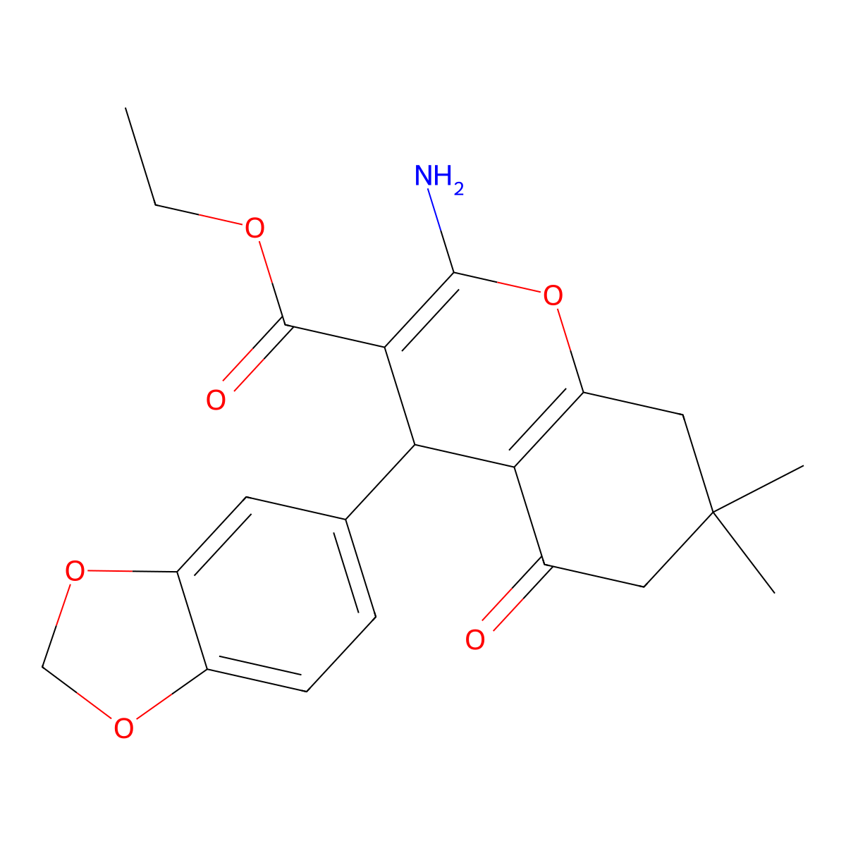 Ethyl 2-amino-4-(benzo[d][1,3]dioxol-5-yl)-7,7-dimethyl-5-oxo-5,6,7,8-tetrahydro-4H-chromene-3-carboxylate molecular structure, CAS 342397-01-7