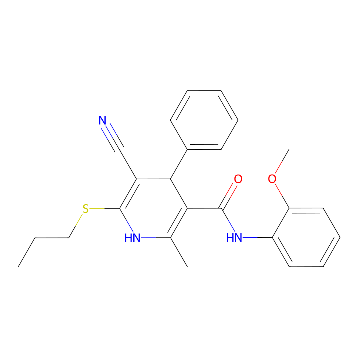 5-cyano-N-(2-methoxyphenyl)-2-methyl-4-phenyl-6-propylsulfanyl-1,4-dihydropyridine-3-carboxamide molecular structure, CAS 342398-77-0