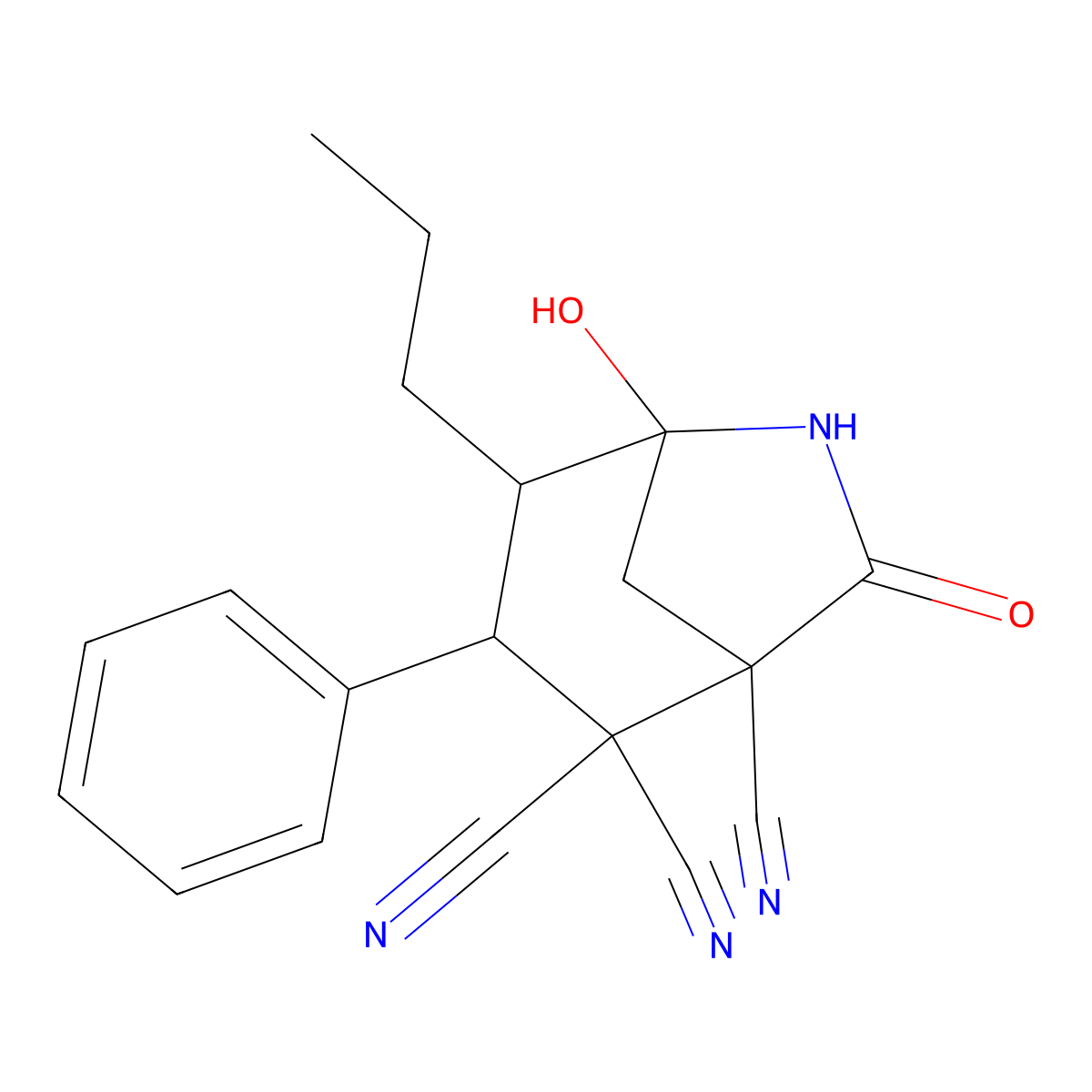 5-Hydroxy-7-oxo-3-phenyl-4-propyl-6-azabicyclo[3.2.1]octane-1,2,2-tricarbonitrile molecular structure, CAS 342405-99-6