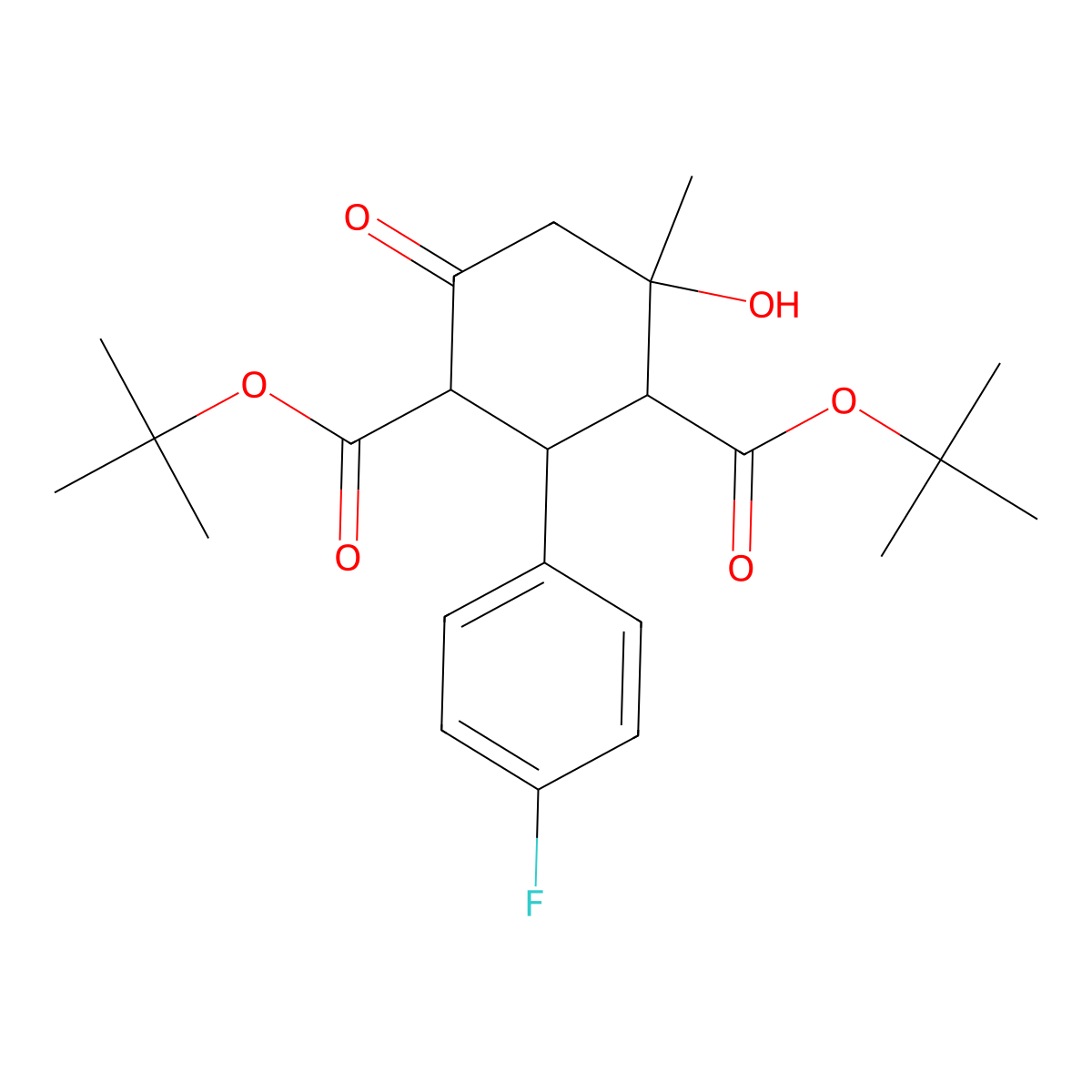 Di-tert-butyl 2-(4-fluorophenyl)-4-hydroxy-4-methyl-6-oxocyclohexane-1,3-dicarboxylate molecular structure, CAS 342431-24-7