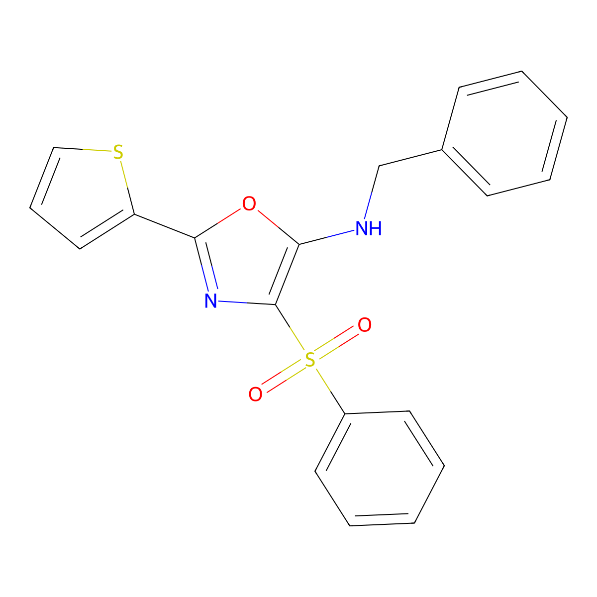 4-(benzenesulfonyl)-N-benzyl-2-thiophen-2-yl-1,3-oxazol-5-amine molecular structure, CAS 342433-21-0