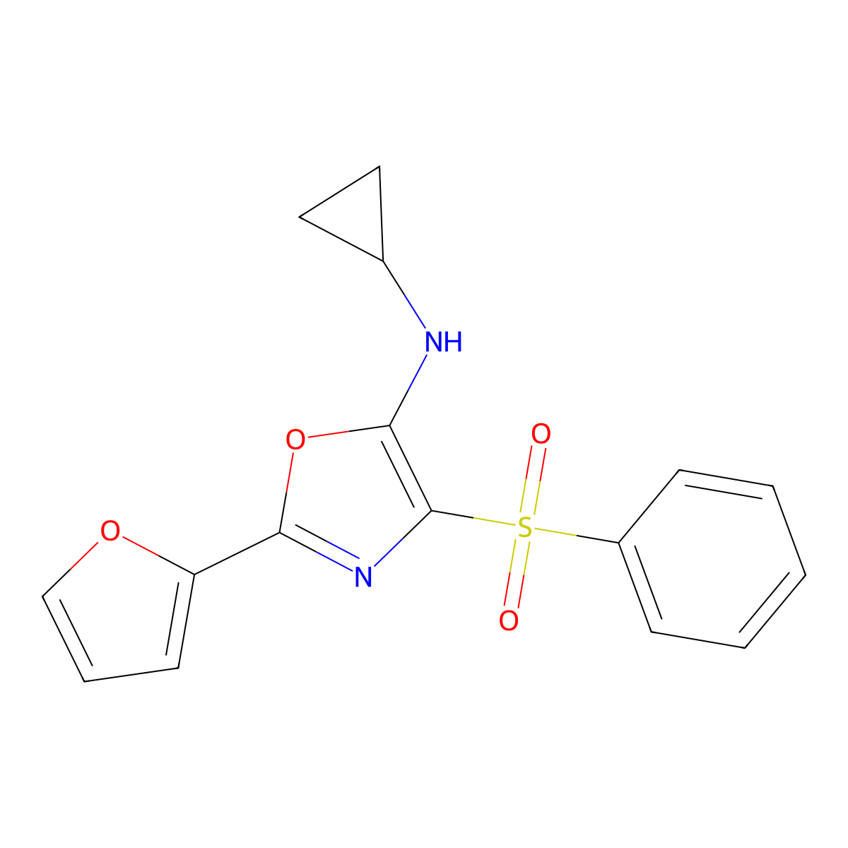 N-cyclopropyl-2-(furan-2-yl)-4-(phenylsulfonyl)oxazol-5-amine molecular structure, CAS 342433-25-4