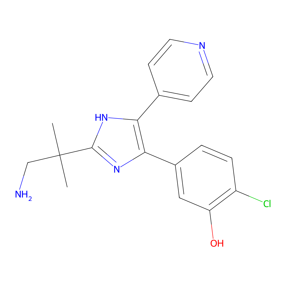 5-(2-(1-amino-2-methylpropan-2-yl)-5-(pyridin-4-yl)-1H-imidazol-4-yl)-2-chlorophenol molecular structure, CAS 342434-07-5