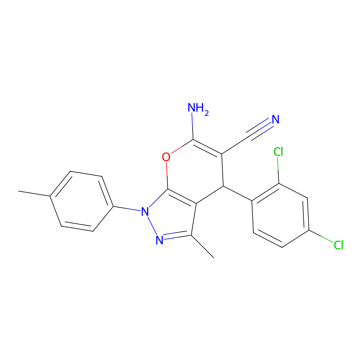 6-amino-4-(2,4-dichlorophenyl)-3-methyl-1-(4-methylphenyl)-4H-pyrano[2,3-c]pyrazole-5-carbonitrile molecular structure, CAS 342591-45-1