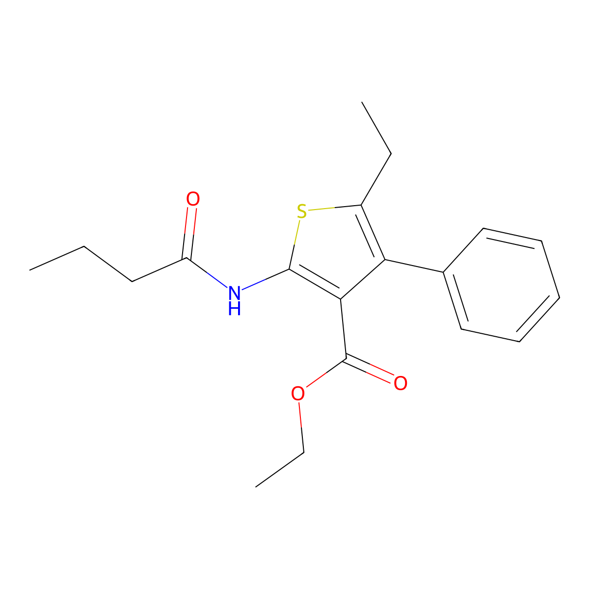Ethyl 2-(butyrylamino)-5-ethyl-4-phenyl-3-thiophenecarboxylate molecular structure, CAS 342594-29-0