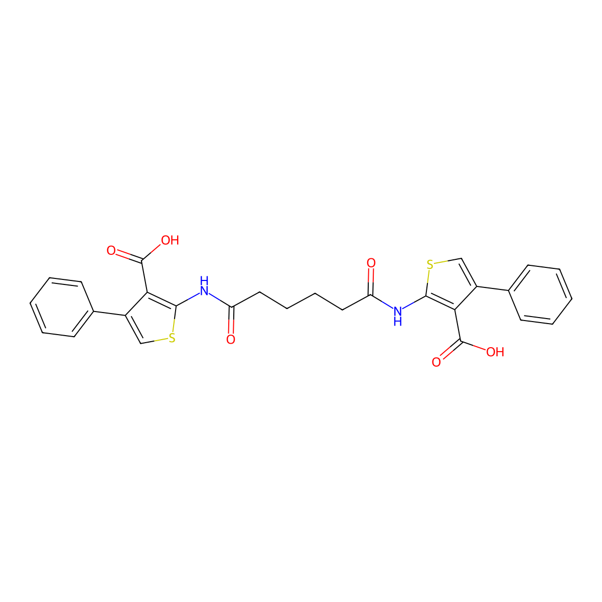 2-({6-[(3-Carboxy-4-phenyl-2-thienyl)amino]-6-oxohexanoyl}amino)-4-phenyl-3-thiophenecarboxylic acid molecular structure, CAS 342595-03-3