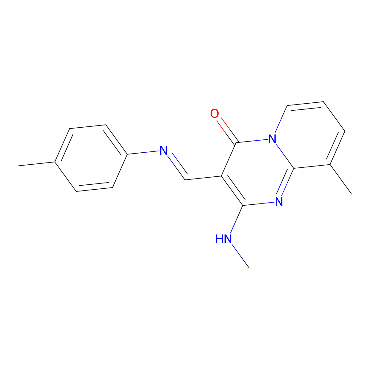 (E)-9-methyl-2-(methylamino)-3-((p-tolylimino)methyl)-4H-pyrido[1,2-a]pyrimidin-4-one molecular structure, CAS 342596-95-6