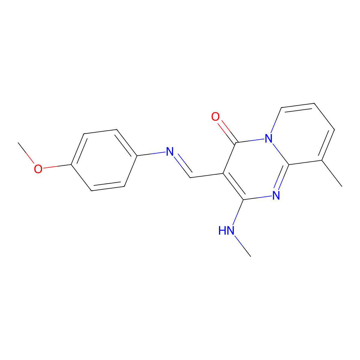 (E)-3-(((4-methoxyphenyl)imino)methyl)-9-methyl-2-(methylamino)-4H-pyrido[1,2-a]pyrimidin-4-one molecular structure, CAS 342596-97-8